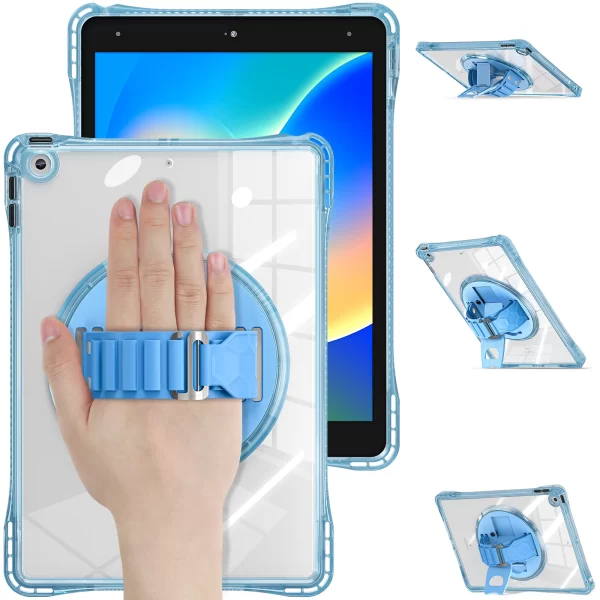 Clear Stand Cover for iPad 10.2 7th 8th 9th 10.9 2022 10th Gen Case PC Tpu 3-Layers Protect Rotating Case Hand Strap Shockproof