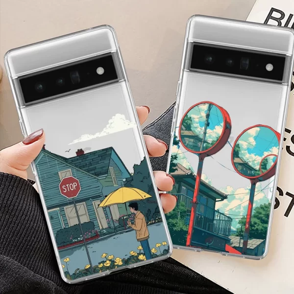 Cute Japan Anime Landscape Phone Case For Google Pixel 8A 8 7 9 Pro XL 6A 5G Retro Illustration Transparent Soft Cover Fundas